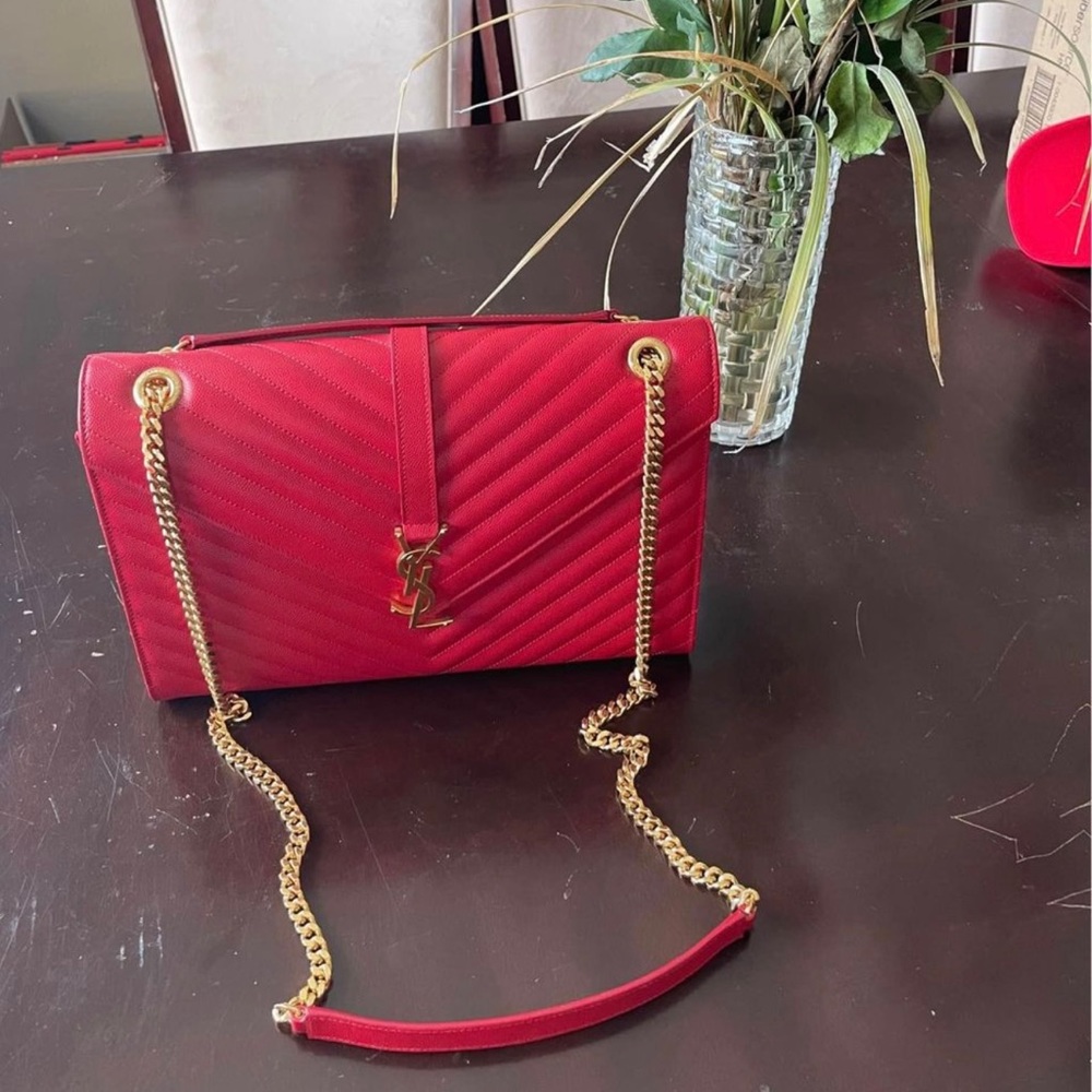 Envelope Smooth Matelasse Chevron Large Monogram Satchel Red Calfskin